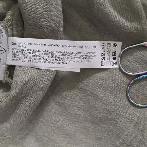 Zara Shirt Dress L Khaki Green Linen LS Roll Up Tab Slits Buttons Coastal Boho - Picture 14 of 16